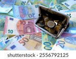 Coin purse with Euro money. Euro Banknotes background. Wallet with Euro cash payment. Wallet Coin, Cash background. Banknotes of European Union. Economic and political. Bills for pension, salary.