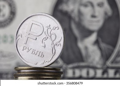 Coin Ruble On The Background Bills Dollar And Euro