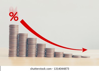 Coin stack step down graph with red arrow and percent icon, Risk management business financial and managing investment percentage interest rates concept