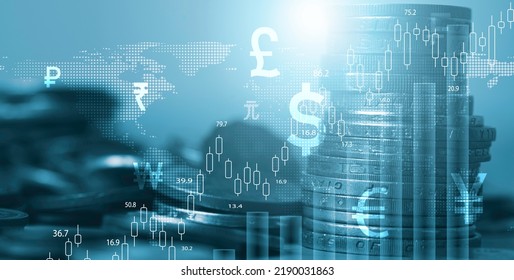Coin stacking with stock market chart graph and currency sign such as dollar sign for currency exchange and global trade forex concept. - Shutterstock ID 2190031863