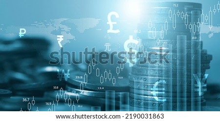 Coin stacking with stock market chart graph and currency sign such as dollar sign for currency exchange and global trade forex concept.