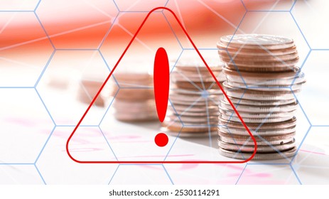 Coins against the background of a warning sign, the concept of deception in the financial and crypto sphere.. Attention virtual scammers.