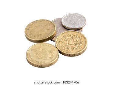 Coins, British pounds on a white background 