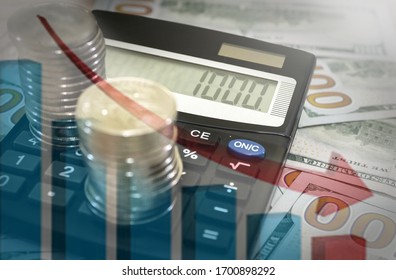 Coins and calculator on the background of business charts. Money Saving Ideas. Concept of economic crisis. - Shutterstock ID 1700898292