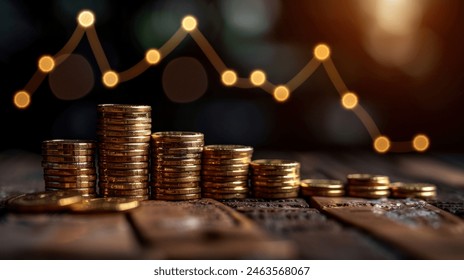 Coins collected in a stack on top of a wooden table.