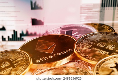 Coins, cryptocurrency and online trading statistics, value and international commerce for finance. Mining, virtual money and market graphs for investment, research and overlay for global exchange - Powered by Shutterstock