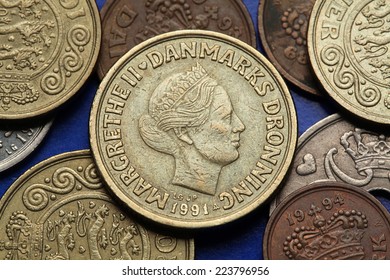 Coins Of Denmark. Queen Margrethe II Of Denmark Depicted In Danish Krone Coins.