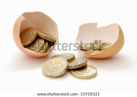 Coins emerge from cracked egg