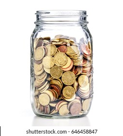 Coins Euro In Classic Glass Jar Save Concept