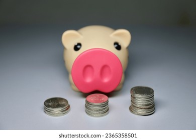 COINS FRONT OF THE PIGGY BANK, SAVING CONCEPT CLOSE UP. - Shutterstock ID 2365358501