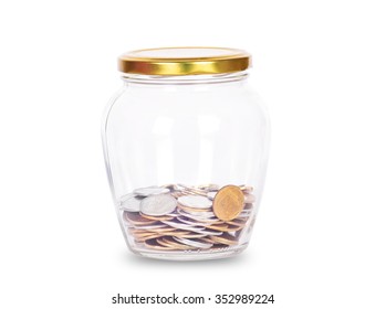 Coins In Glass Money Jar, On White Background