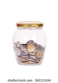 Coins In Glass Money Jar, On White Background