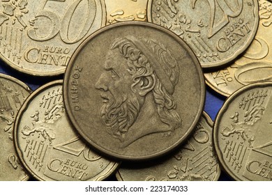 Coins Of Greece. Greek Epic Poet Homer Depicted In The Old Greek 50 Drachma Coin. 