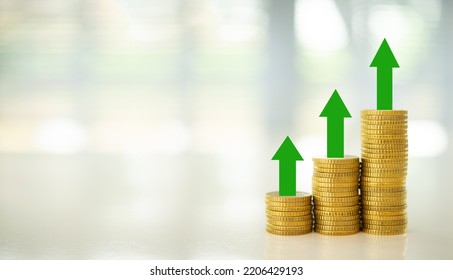 Coins Growth With Arrow Up Shows That Savings Finance And Investment Growth And Currency Value Exchange Or Passive Income Increase.