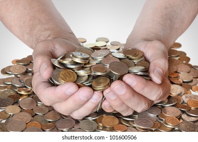 a lot of coins in the hands of men, symbolizing wealth