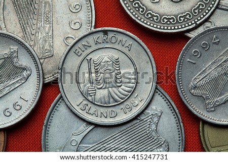 Coins of Iceland. Mountain giant landvaettir depicted in the Icelandic one krona coin (1987).