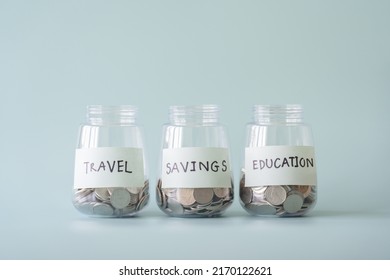 Coins in jar for savings, travel, education. Save money in glass jars purpose writing and attach at front.