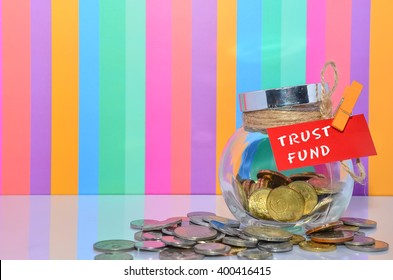 Coins In Jar With Trust Fund Label With Multi Color Background - Financial Concept