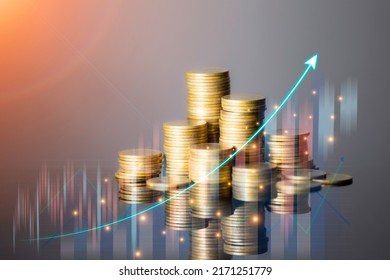 Coins are laid out in graph.Business success concept wealth stock investment.Business in the digital age.Digital transformation for next generation technology.Technology is growing by leaps and bounds