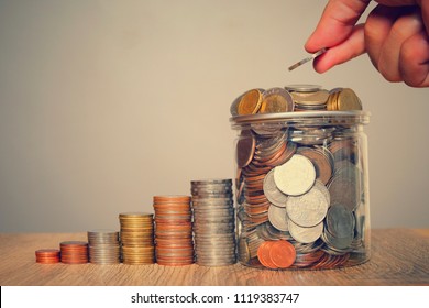 Coins money growth stacking for saving and copy space concept.Saving is first step of investor for invest in stock market.
