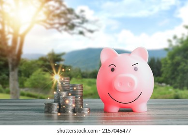 Coins with a money-saving concept and a profit graph of corporate finance in a piggy bank with money boxes for future tourist, house, and retirement funds on a blurred background. - Shutterstock ID 2157045477