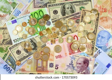 Coins on paper bills as background. Background from dollars and euro bills.  - Powered by Shutterstock