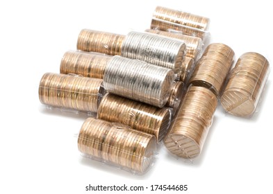Lot of coins on white background
