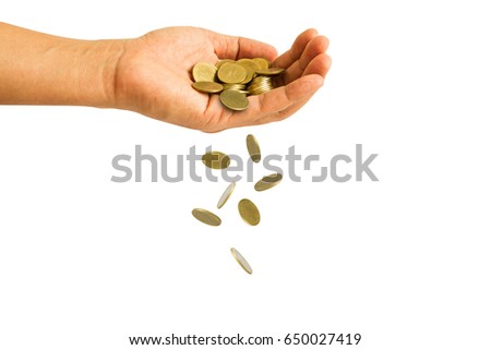 coins in palm of hands falling isolated on white background