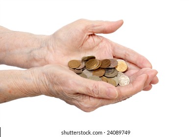 Coins in senile hands are isolated on a white background
