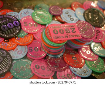 Coins In A Sliding Machine (coin Pusher) At The Fairground