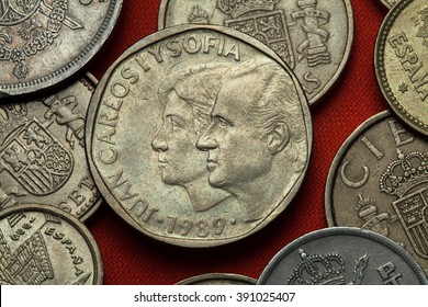 Coins Of Spain. King Juan Carlos I And Queen Sofia Of Spain Depicted In The Spanish 500 Peseta Coin (1989).