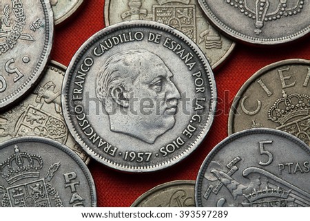 Coins of Spain. Spanish dictator Francisco Franco depicted in the Spanish 25 peseta coin (1957).