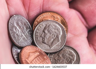 Coins, Coins Stack, Dollar, Money, Coin Bank, One Dime. Photograph Of A Group Of American Dimes And Penny.