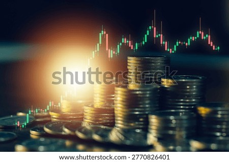 Coins stack with glowing light and stock market candlestick chart showing volatility and financial movement. Concept of trading, risk management, and economic trends in modern finance.