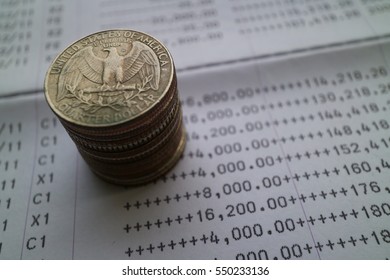 Coins Stack On Bank Statement, Saving Investment Concept