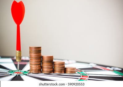 Coins Stack Step Growing Growth With Arrow On Dart Board, Concept Goal Business Finance Or Saving Money, Copy Space