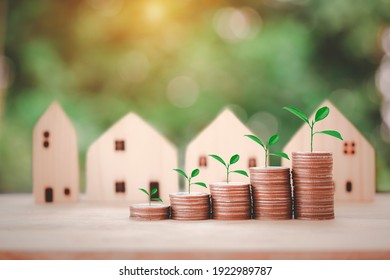 Coins stack with tree in front of houses, concept for saving money, step to keep money for new home, prepare money for future isolate on bokeh background.