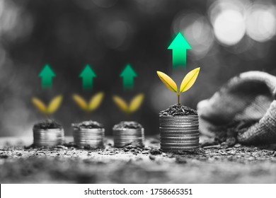 The coins are stacked with green technology icons at the top, financial growth concepts.
