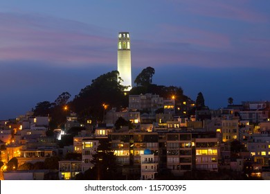 'Coit Tower' by night.  San Francisco in California, USA