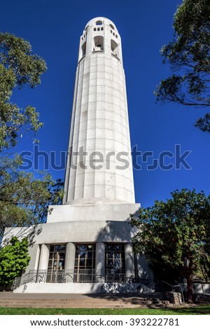 The Coit Tower photographed from the east side of Telegraph Hill in North Beach area of San Francisco, California, USA.