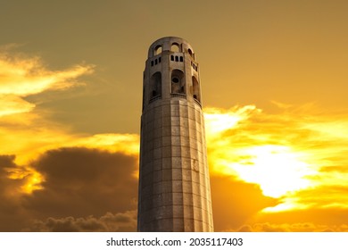 Coit Tower in San Francisco at sunset, California, USA