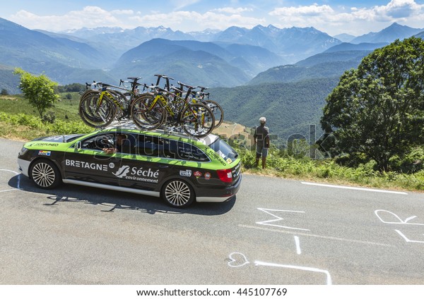 COL D\'ASPIN,FRANCE - JUL 15: Technical car of\
Bretagne-Seche Environnement Team, driving on the road to Col\
D\'Aspin  in Pyrenees Mountains during the stage 11 of Le Tour de\
France 2015.