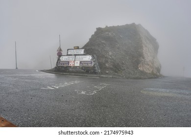 Col De Galibier, France - 09 15 2021: Road Sign Of Col De Galibier In The Mist, Stage On The Tour De France In The French Alps