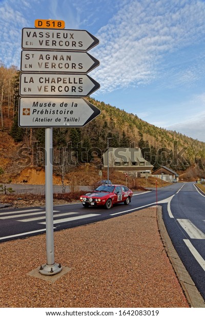 COL DU ROUSSET, FRANCE, February 3, 2020 : Historic\
Monte-Carlo Rally runs on the roads of South of France.\
This 23rd edition hosts 310 teams from 28 countries with 40 brands\
of old cars.