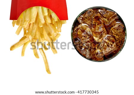 Cola or coke glass and French fries in red box scattered from top view isolated on white background