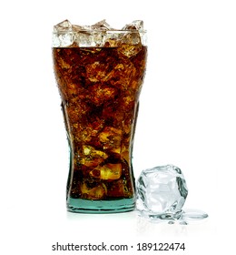 Cola with crushed ice in glass on white background