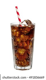 Cola with crushed ice and straw in glass on white background