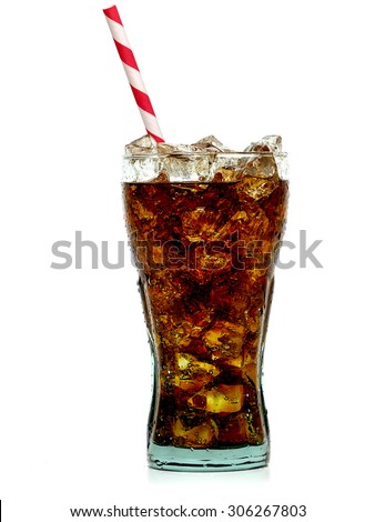 Cola with crushed ice and straw in glass on white background
