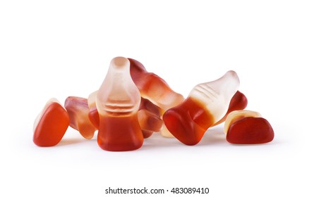 Cola flavored gummy jellies in the shape of cola bottles,isolated over white background. - Powered by Shutterstock