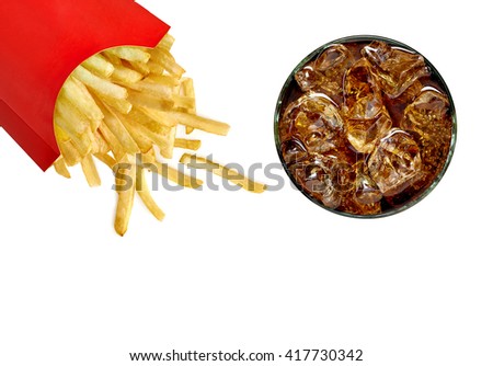 Cola glass and French fries in red box scattered from top view isolated on white background